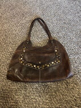 Patricia Nash Ergo Distressed Leather Studded Satchel Chocolate brown boho Y2K